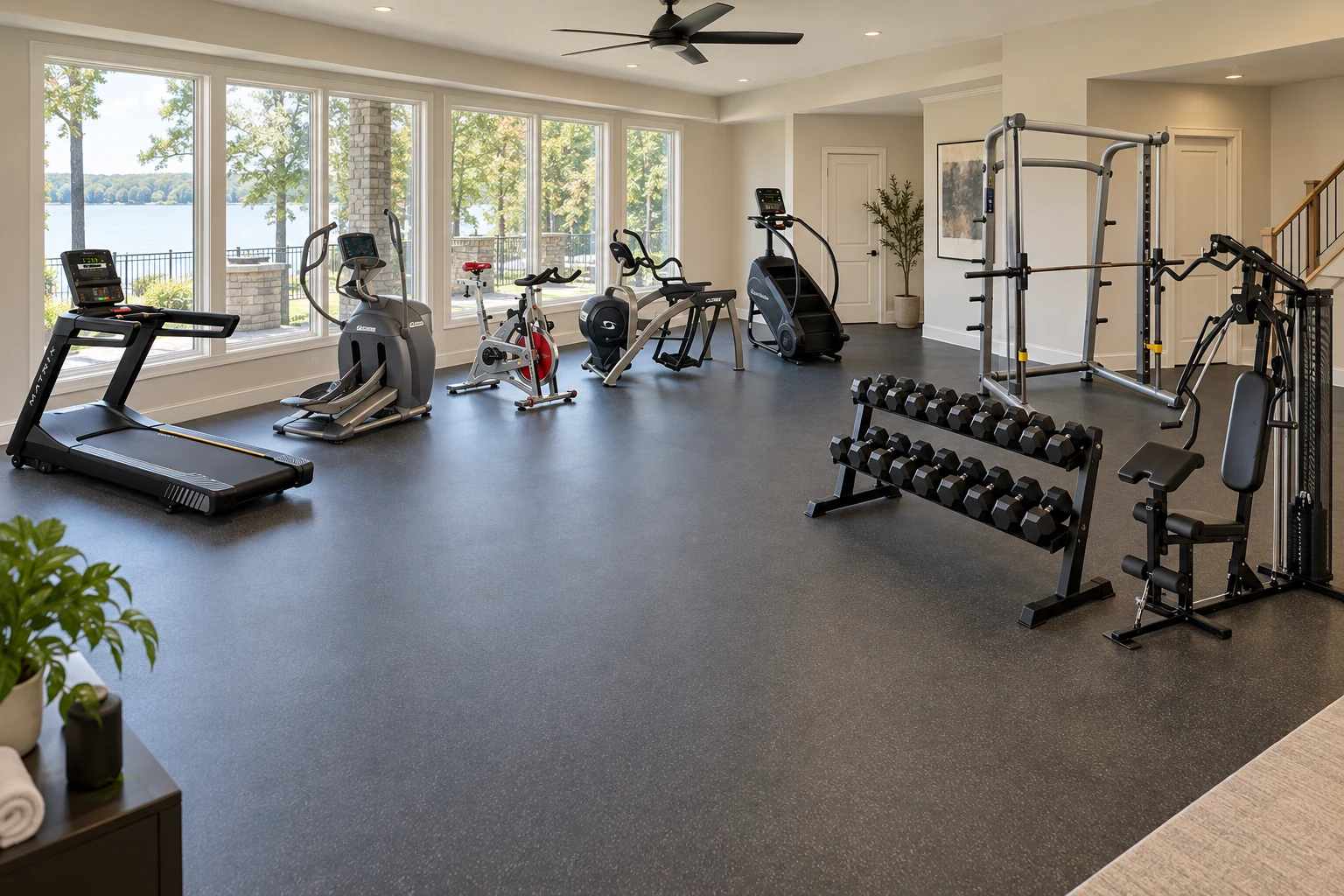 Complete home gym layout concept with cardio machines, a multi-gym, dumbbells and rack, plus an optional Smith machine