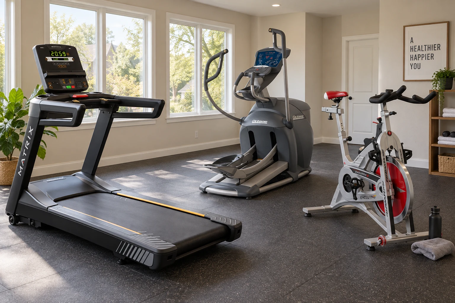 Home gym concept with a treadmill, elliptical, and indoor bike