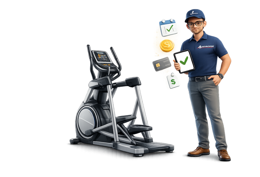 Second Chance Cardio advisor explaining financing next to an elliptical